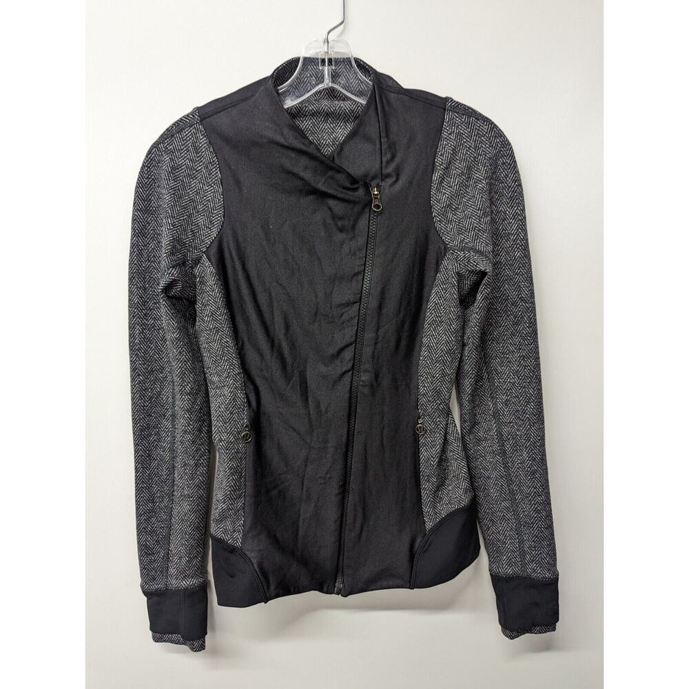 Lululemon Women Emerged Renew Gray Black Herringbone Full Zip Moto Jacket Size 6
